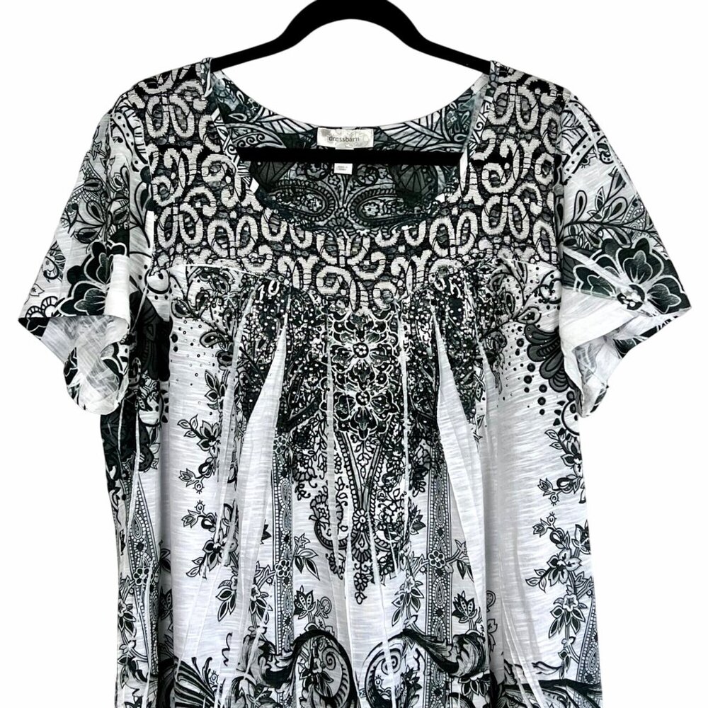 Dressbarn Blouse Top Womens 2X Black & White Paisley Print Embellished EUC - Picture 7 of 16